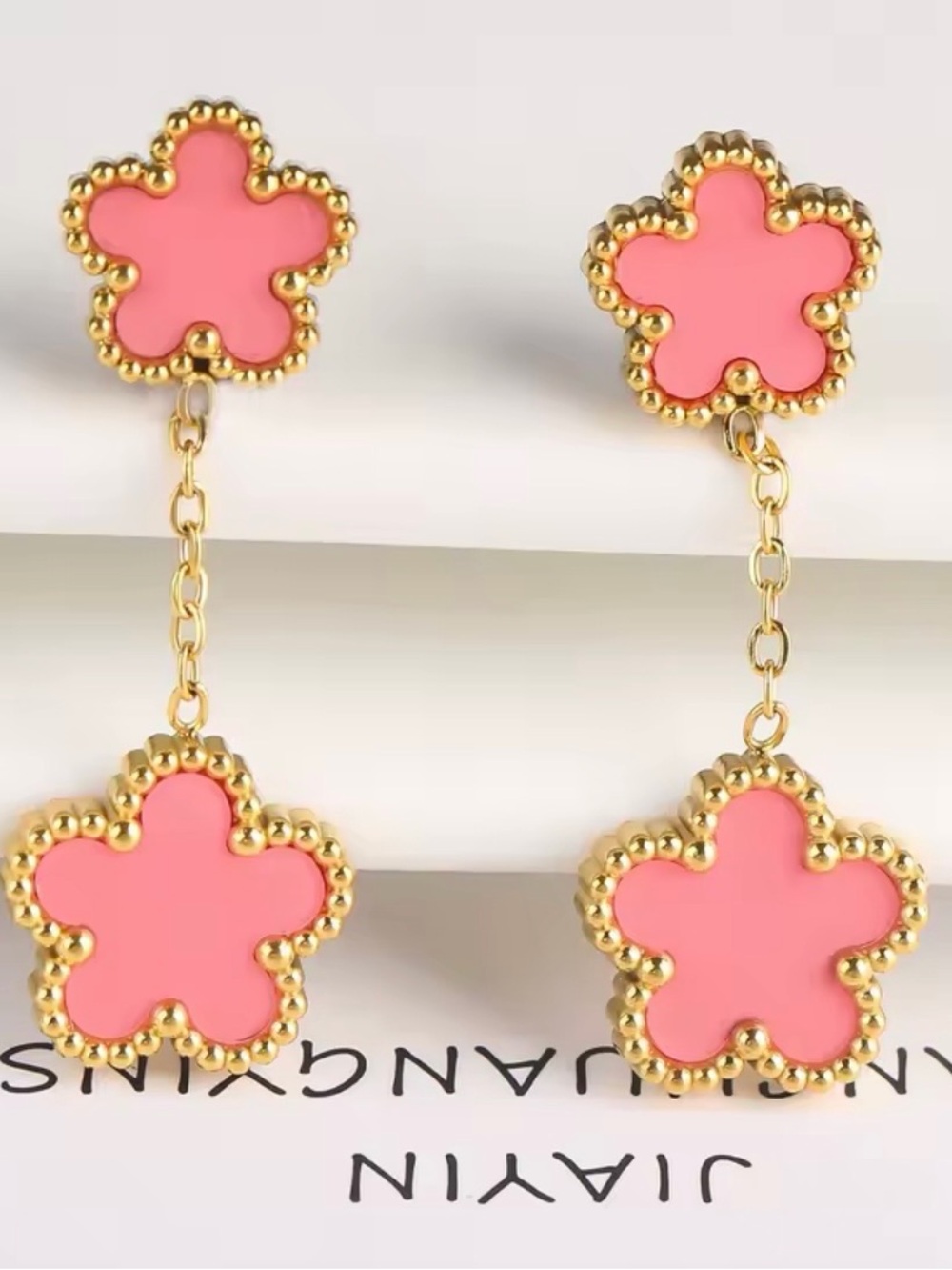 Fashion Nova Pink Clover Drop Earrings with Gold Accent